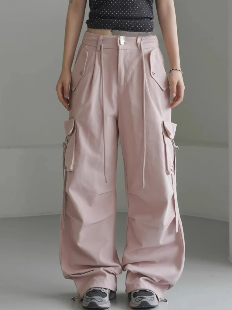 

Y2k High Waist Drawstring Black Pants for Women Casual All-match Thin Straight Trousers 2025 Summer New Loose Wide Leg Pants
