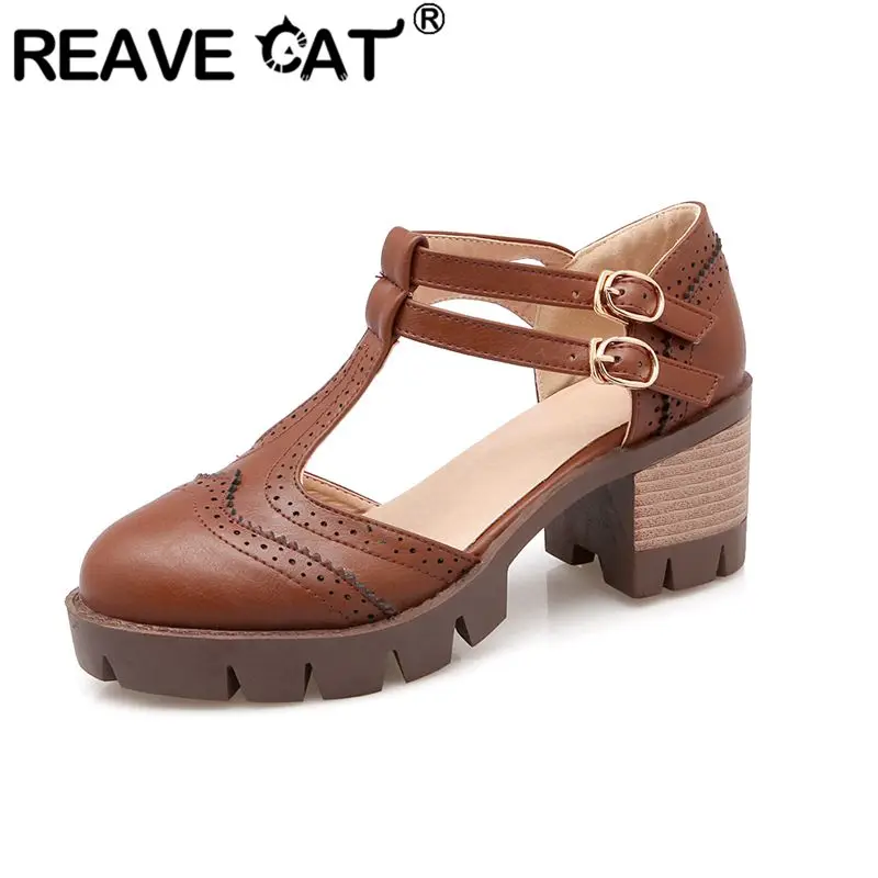 REAVE CAT Vintage Women Sandals Round Toe Block Heels Buckle T-straps Big Size 41 42 43 Daily Female Shoes