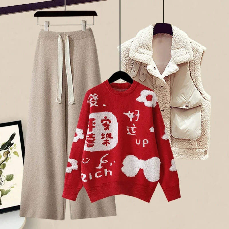 

Красный женский комплект с завышенной талией в винтажном стиле: модный свитер, жилет и повседневные брюки — новинка зимы, три предмета