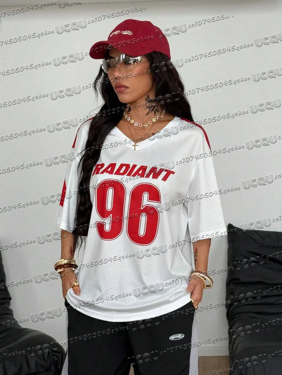 المرأة الصيف جديد شبكة تنفس جيرسي تي شيرت الخامس الرقبة الكتف قطرة الرقمية المطبوعة مثير الزي قصيرة الأكمام Y2k رداء علوي غير رسمي #2