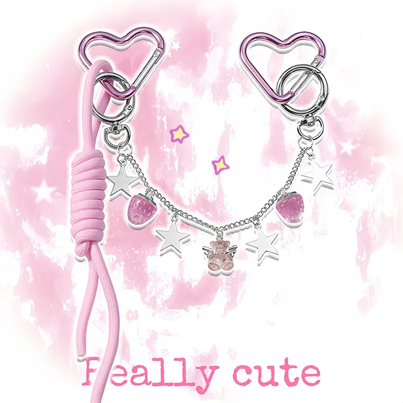 

Брелок-подвеска Y2K с розовыми звездами и сердцем, подвеска в виде клубничного ангела-медведя, длинная цепочка для сумки, модный трендовый аксессуар