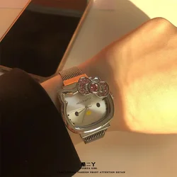 Hello Kitty Metal Watch para senhoras, arco de diamante vintage, presente de aniversário da menina kawaii, anime bonito dos desenhos animados, alça magnética do estudante