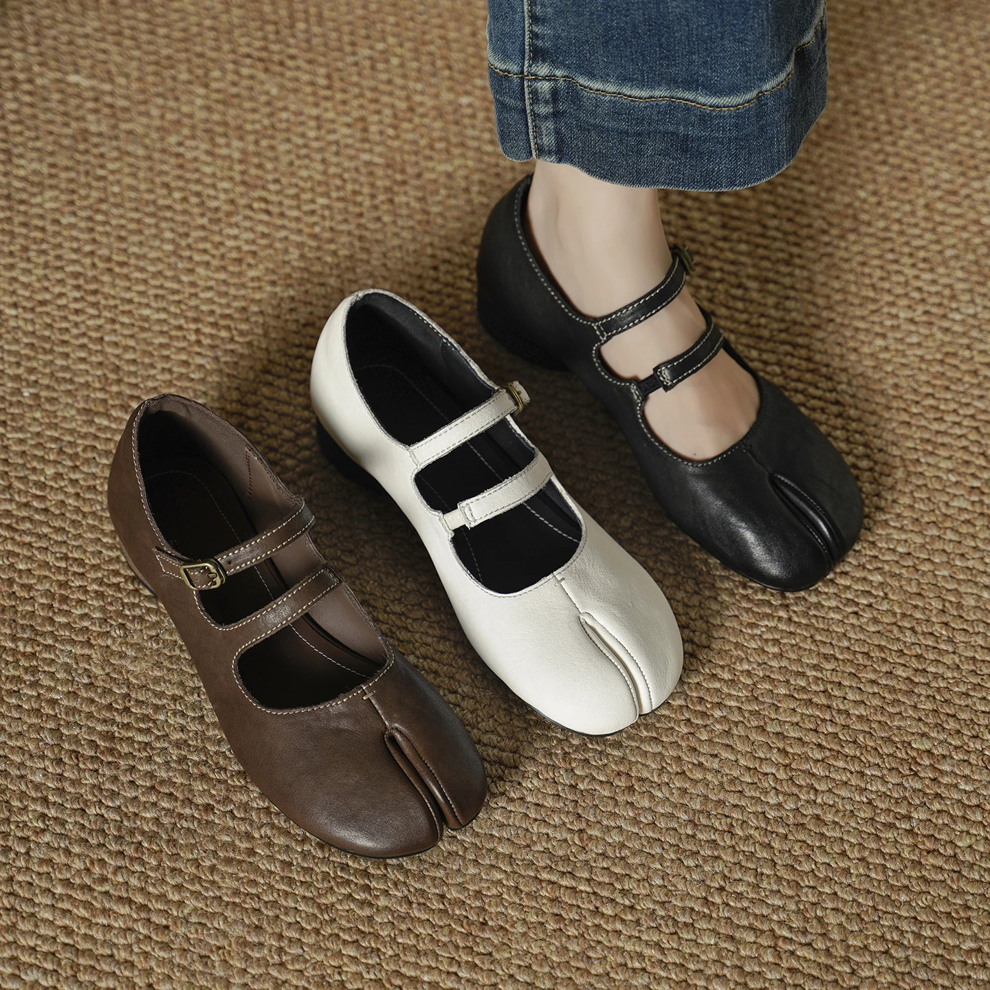 2026 new spring autumn women pumps natural leather 22-25cm cowhide+sheepskin split toe buckle mary janes round heel women shoes