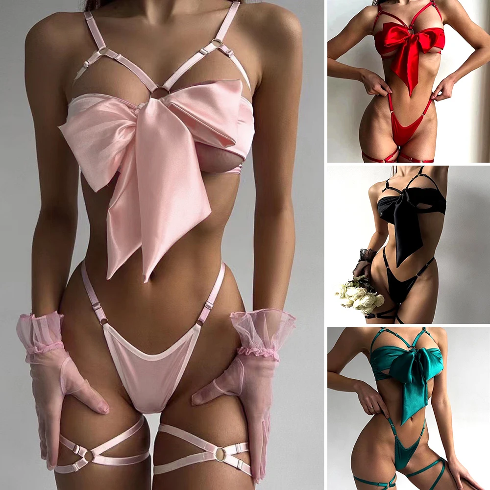 Sensual Fetish Bowknot Lingerie Open Bra Lace Up Sexy Underwear Satin Erotic Outfit Young Girls Erotic Lingerie Set Of Sex