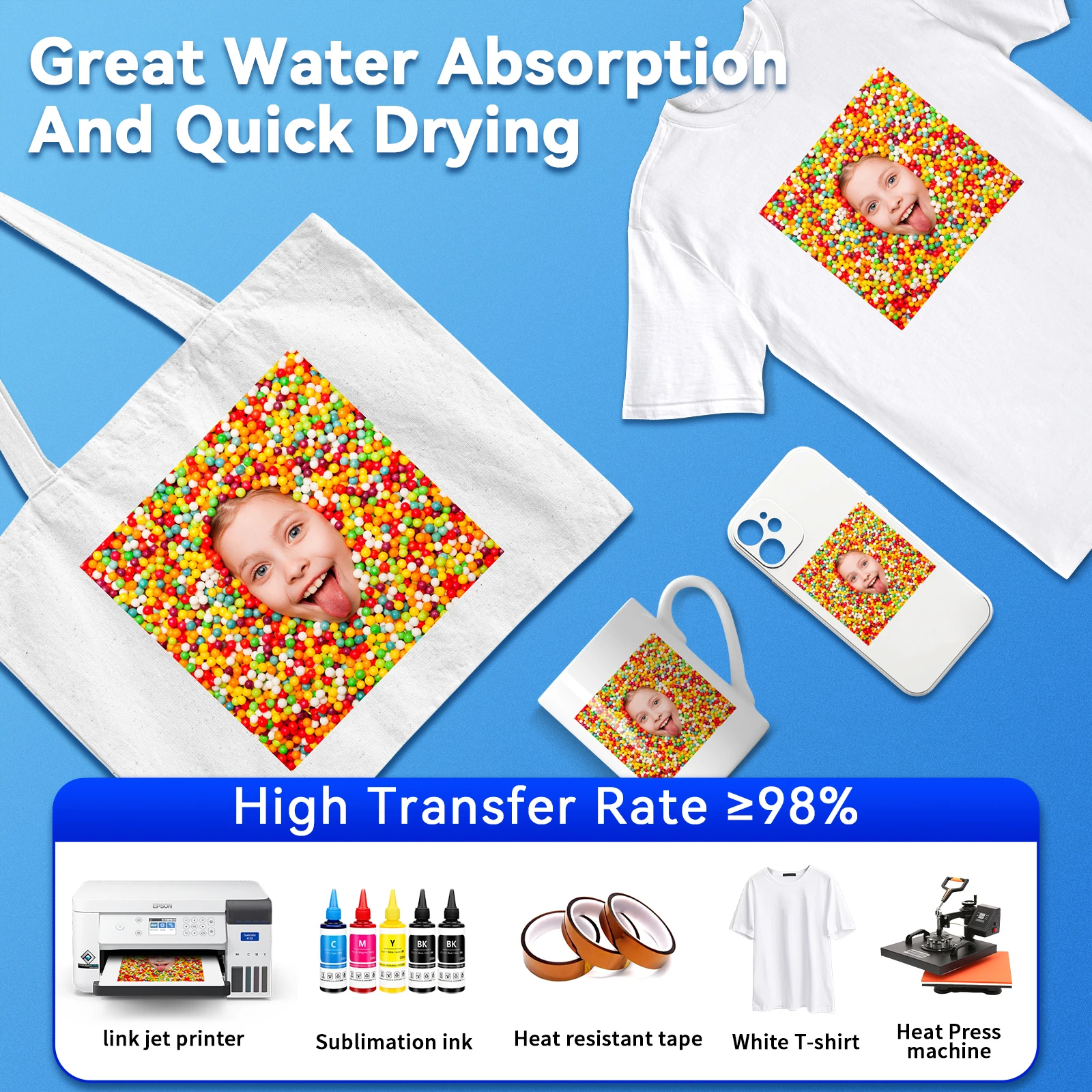 A4 Sublimation Heat Transfer Paper for Polyester Cotton T-Shirt Cushion Fabrics Cloth Mugs Phone Case DIY Printing Desig