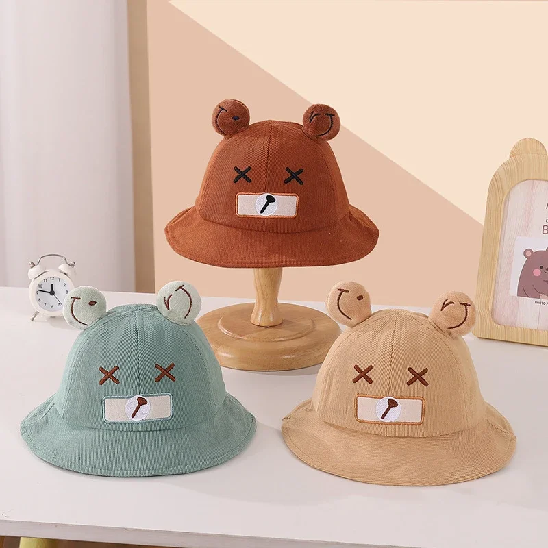 

Autumn Corduroy Baby Fisherman Hat Cute Cartoon Toddler Sunshade Bowl Hats 6-24Month Kids Sunshade Visors Children Basin Cap