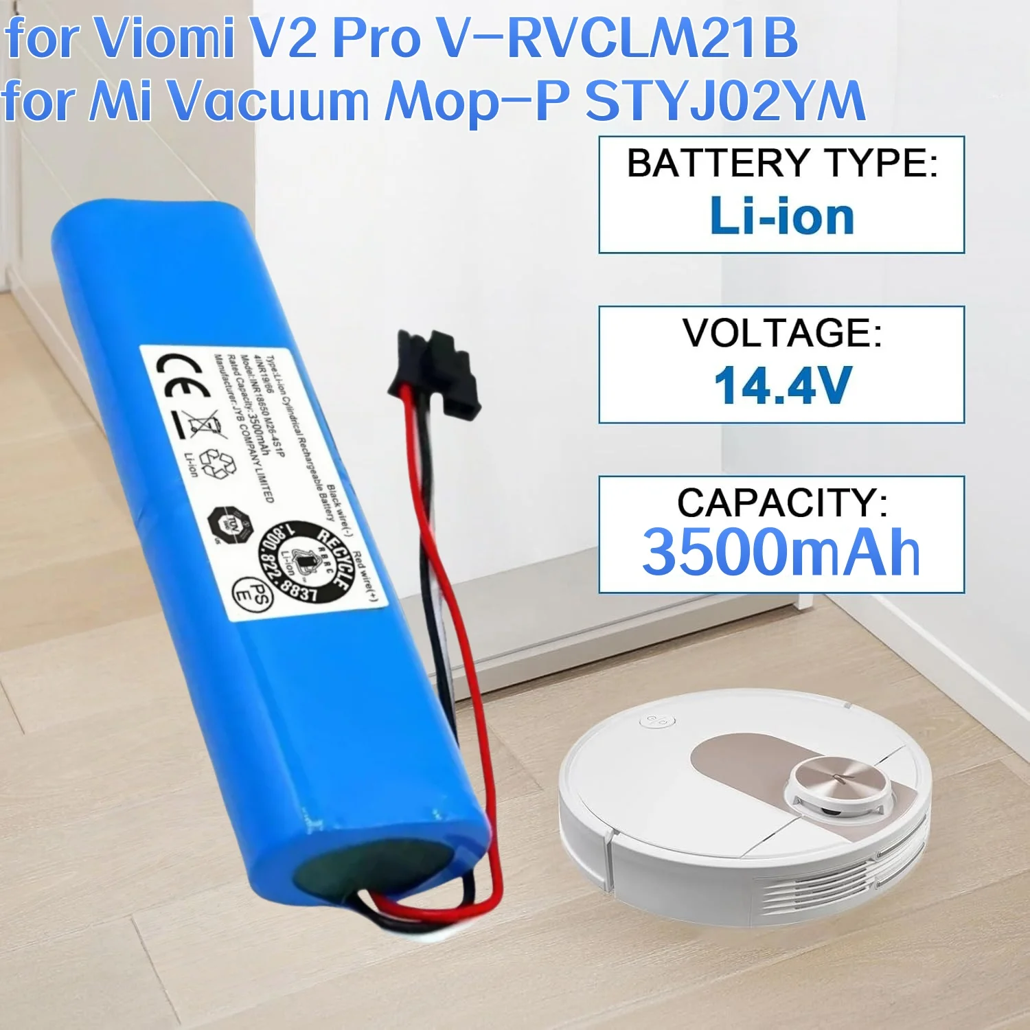 

14.4V 3500mAh Battery for Xiaomi VIOMI V2 Pro/V3, Li-Ion Replacement Compatible with MI Robot Vacuum MOP P V-RVCLM26B .