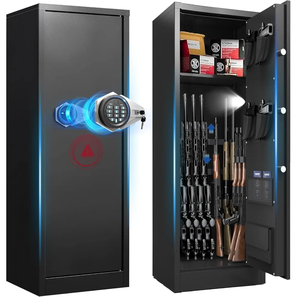 

10-12 Gun Safe for Rifles and Pistols - Large Gun Cabinet with Electronic Keypad & Key Entry, Easy Assembly, Silent Mode, Adjust