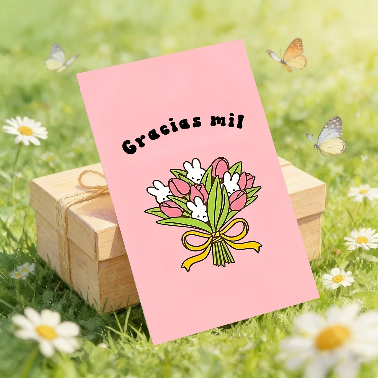 50PCS Pink Cute Thank-you Cards, Cute Rabbit and Tulip Matching Design, Spanish 