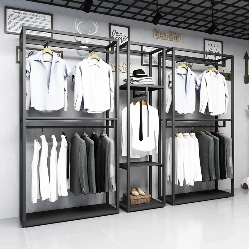 

Furniture Men Clothes Clothing Store Display Rack Black Double-layer floor-standing display rack for men's clothing stores