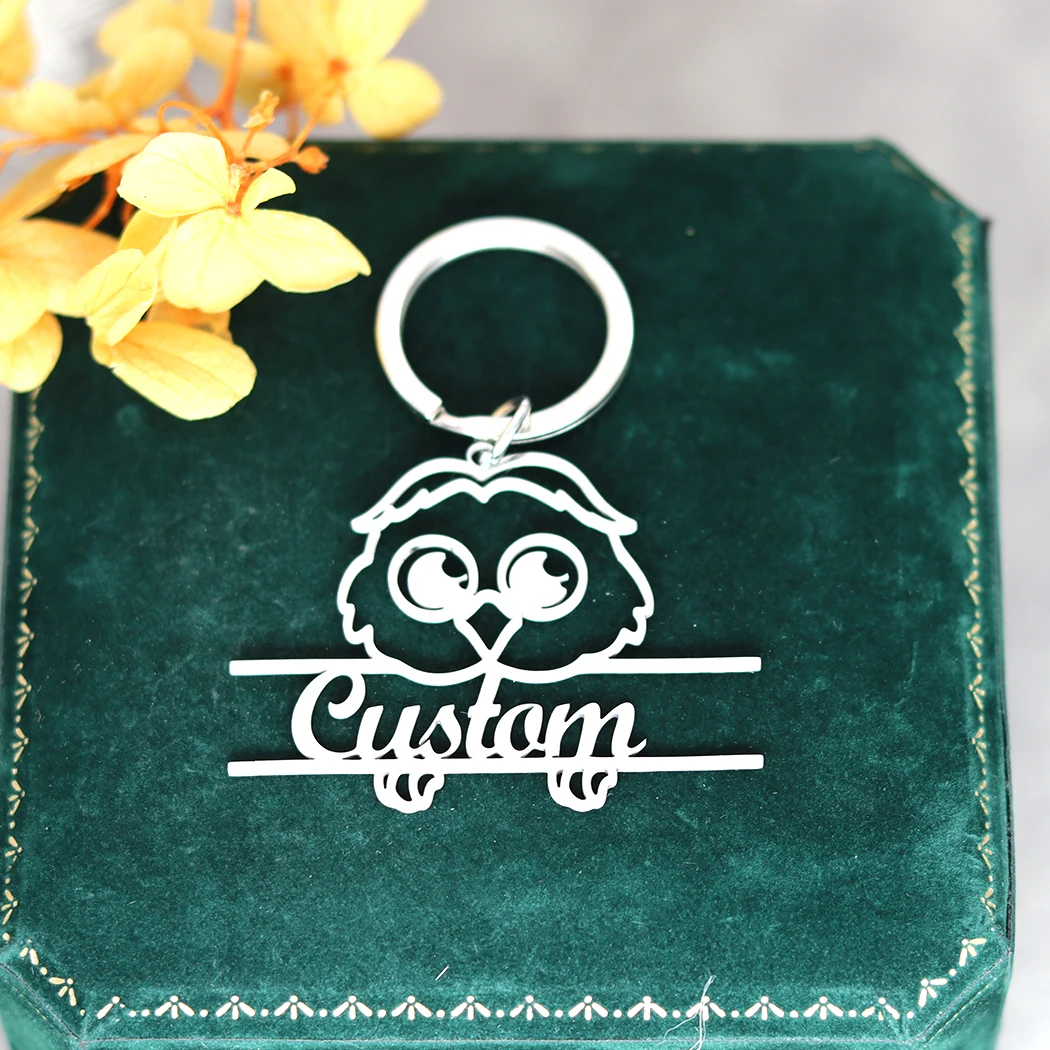 QIAMNI Cute Night Owl Animal Custom Engrave Name Key Chains Gifts For Women Men Handbag Accessorie Car Keys Handmade Jewelry