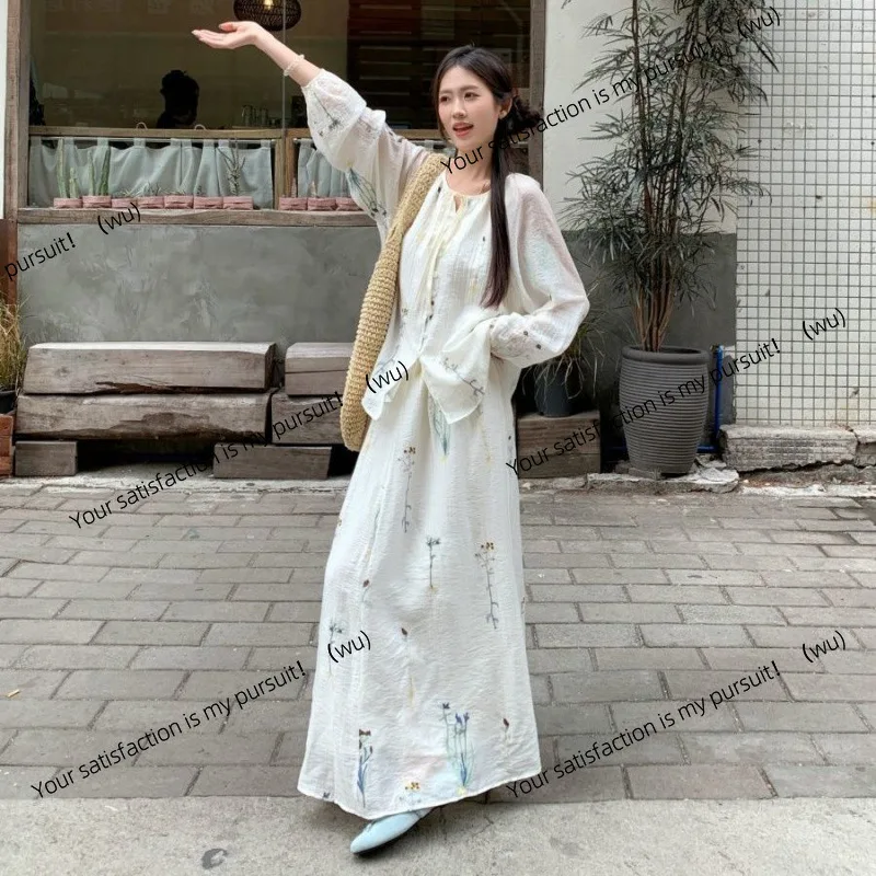 

Модный костюм Design Sense, женский китайский топ с длинными рукавами и шнуровкой с принтом, женская юбка с высокой талией