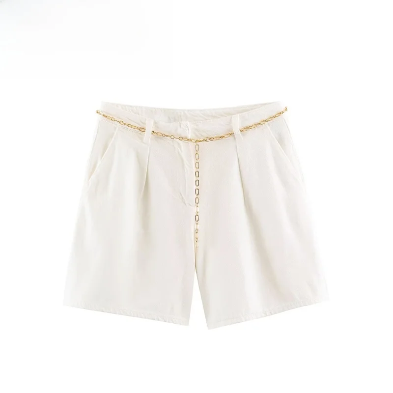 Fashionable Chain Waist Belt Denim Shorts Women's Casual Straight Leg Pants mid Waist Polyester Fiber Summer Season