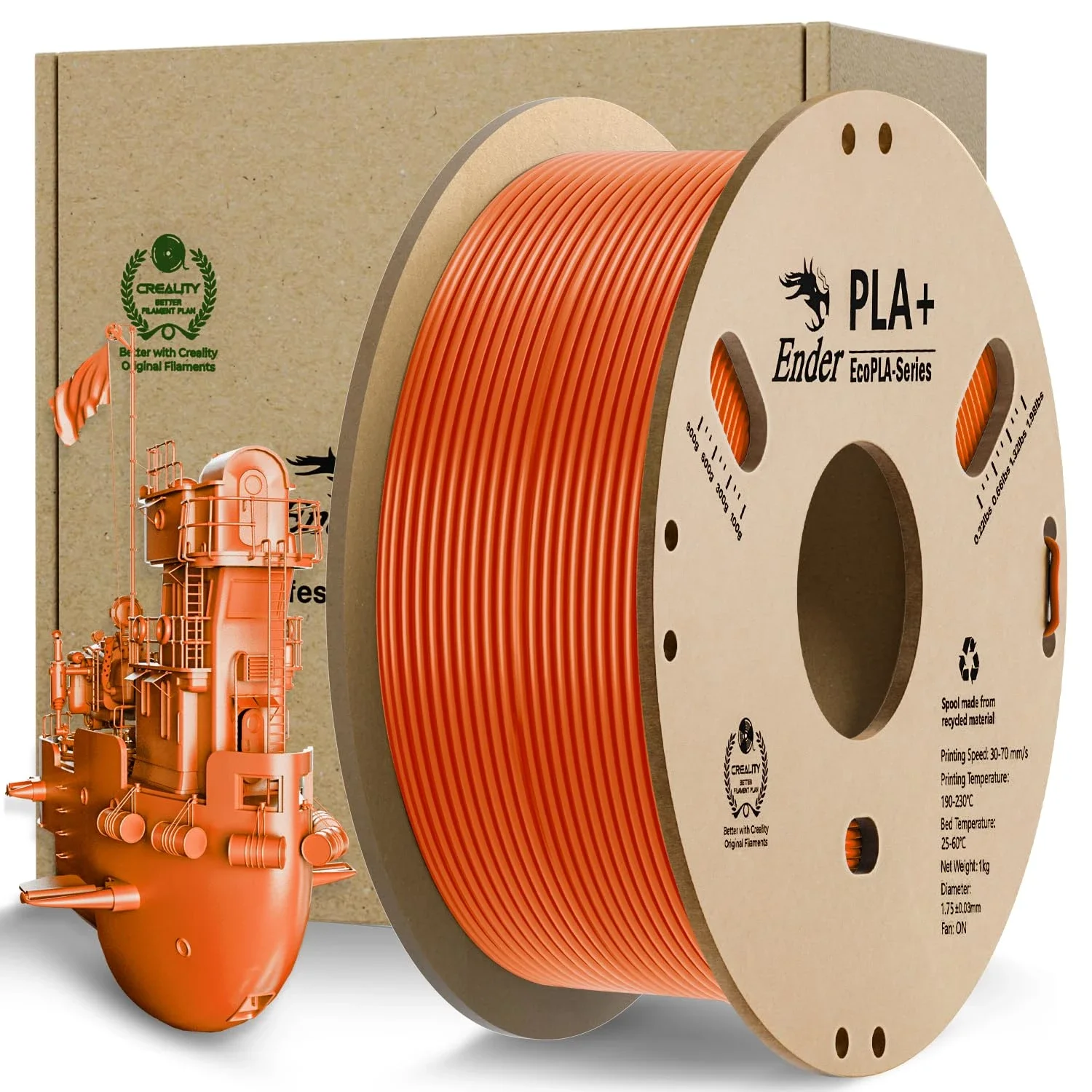 

Filament Creality Ender PLA Plus 1,75 мм, катушка Eco PLA 1 кг (2,2 фунта), с картонной катушкой и аккуратной нитью для ран