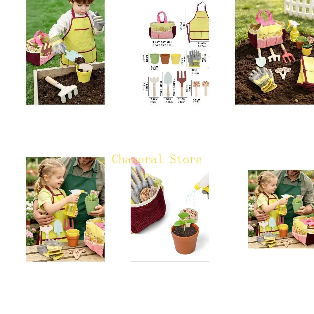 E7CE Pretend Gardening Tools for Kids with Apron, Rake and Storage Bag