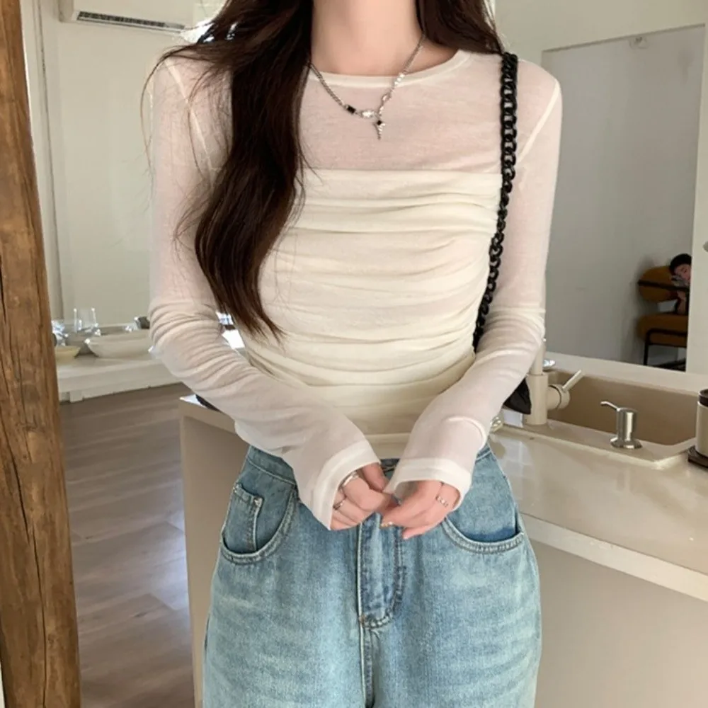 Long Sleeve Slim Long Sleeve T-shirt Transparent Mesh Streetwear Women Thin Tops Slim Fit Wrinkle Shape Korean Style Crop Top