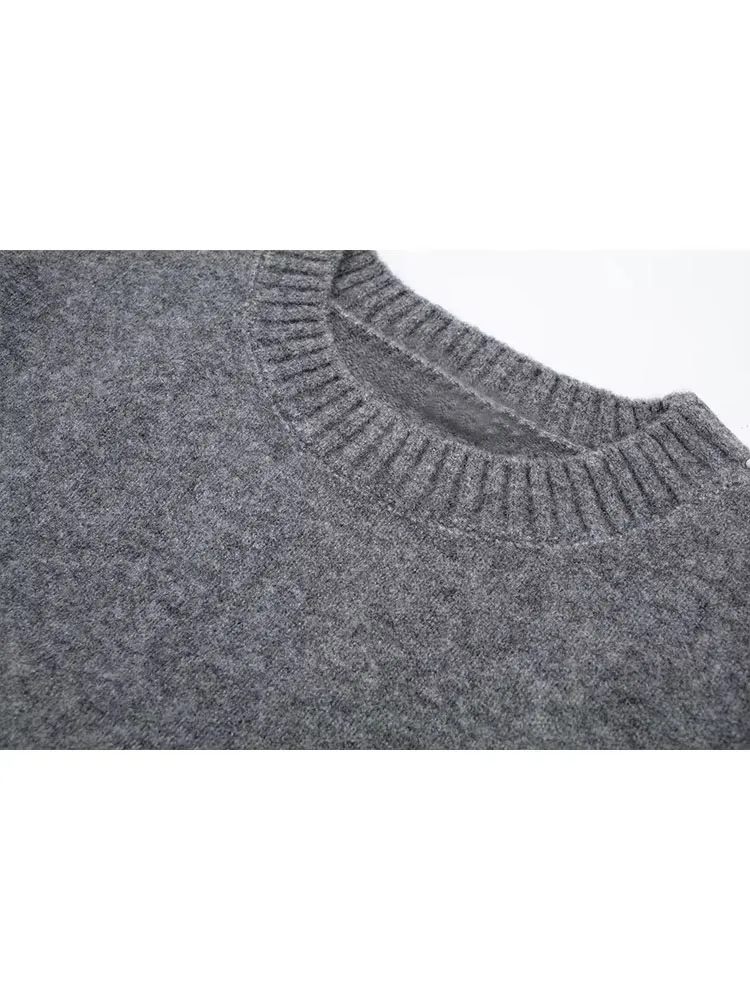 TRAFZA 2023 الخريف الشتاء المرأة رمادي البلوز البلوزات الإناث طويلة الأكمام فضفاضة متماسكة البلوز س الرقبة محبوك ملابس خارجية كبيرة الحجم