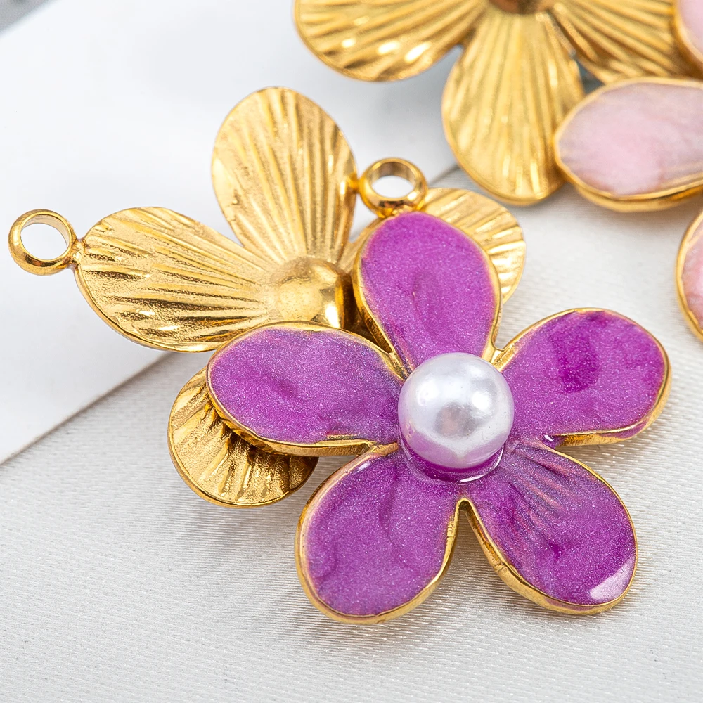 2pcs Stainless Steel Enamel Flower Charm Imitation Pearl Stamens Pendant  for DIY Women Jewelry Making Necklace Earring Supplies