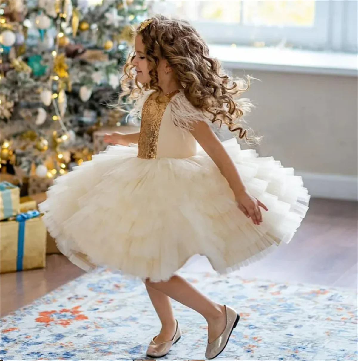 Vestido de flores para niña, ropa de tul en capas, color blanco, lentejuelas doradas, bonito vestido de flores para fiesta de cumpleaños, regalo para niña