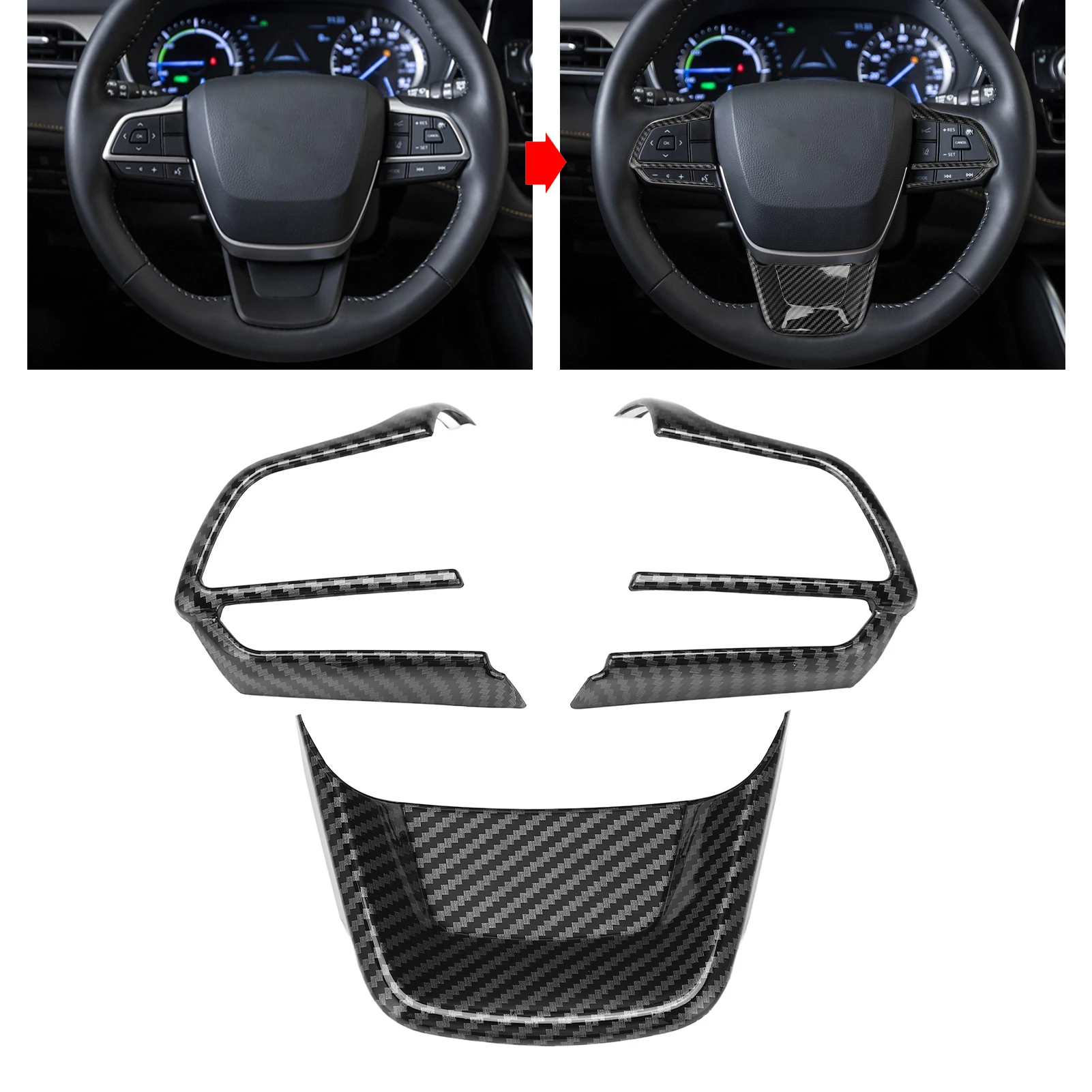 

3PCS Steering Wheel Decoration Kit Carbon Fiber Colored ABS Frame Replacement Toyota Highlander 2022+ Car Interior Decoration