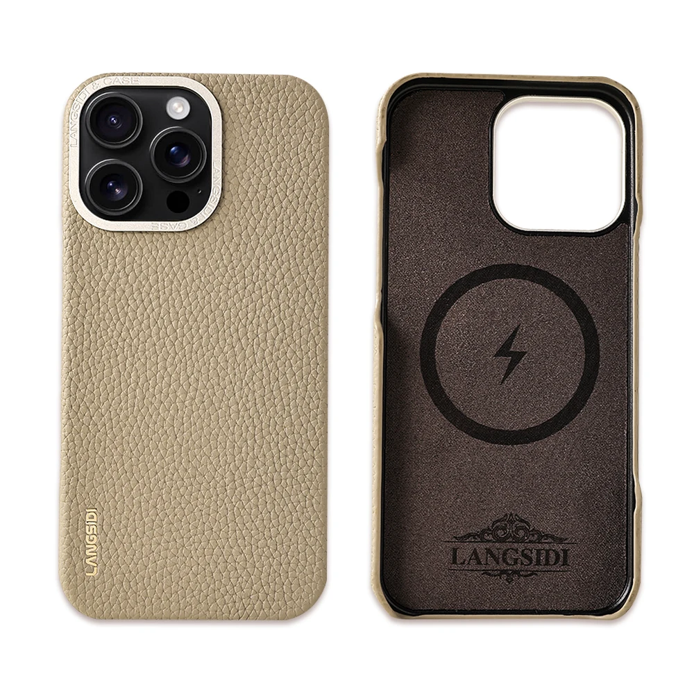 

For Magsafe Case for iPhone 15 16 Pro Max 15Promax 16Pro Natural Cowhide Lychee Leather with Metal Frame Magnetic Back Cover