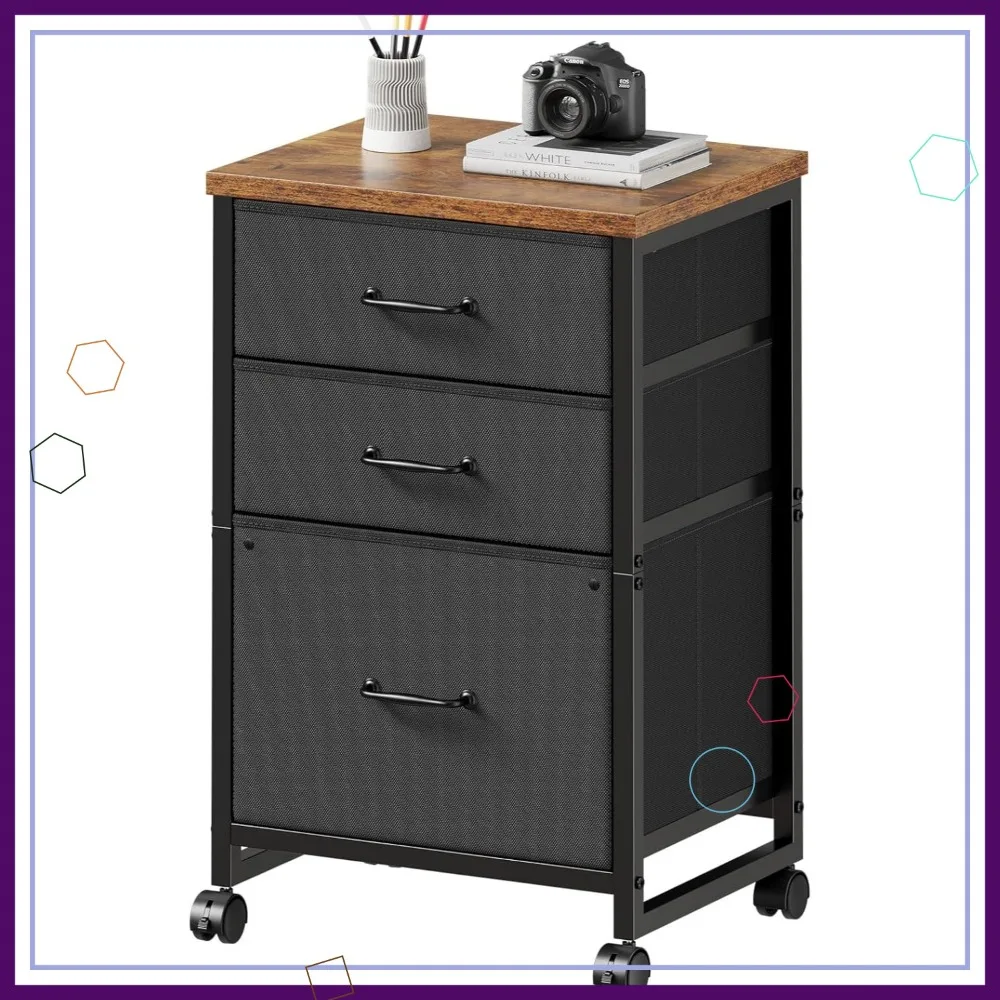 

3 Drawer Mobile File Cabinet with Wheels, Rustic Brown Fabric Vertical Filing for A4 or Letter Size Home Office