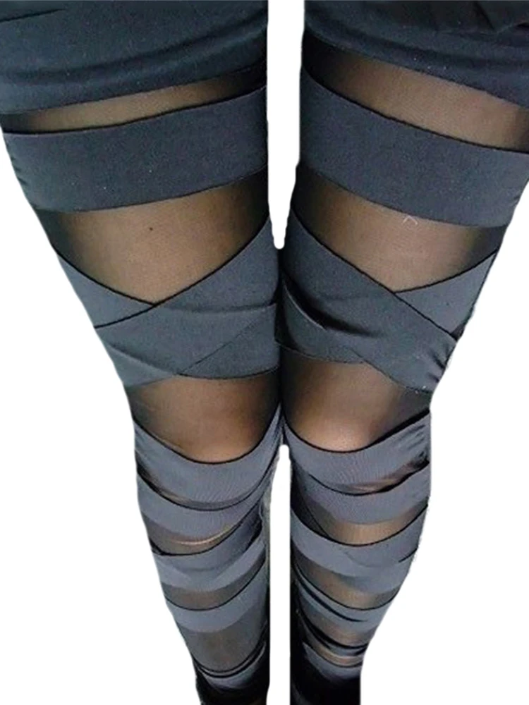 New Nightclub Bandage Novelty Sexy Leggings Women Mesh Pencil Pants Black Leggins Streetwear Jogging