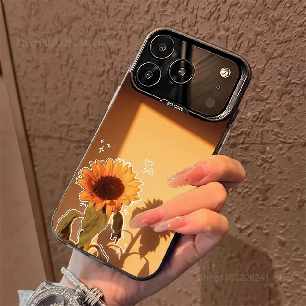 Botanische kunst zonnebloem telefoon voor iPhone 14,17,13,12,11,16,15, Mini, Pro, SE, XS, MAX, zwart mat siliconen beschermhoes