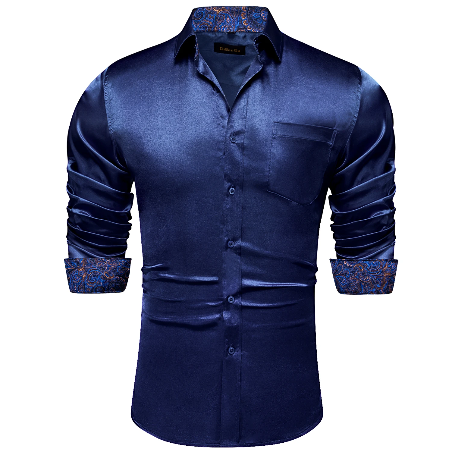 DiBanGu-camisas de manga larga para hombre, vestido Social de satén elástico, empalme de Cachemira, colores contrastantes, esmoquin, blusa, ropa