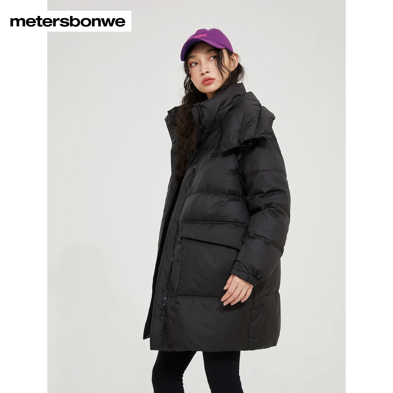 Metersbonwe-Medium Length Remove Scarf Collar Down Jacket for Women, Pure Color, Loose Thick Warm Wear, Winter