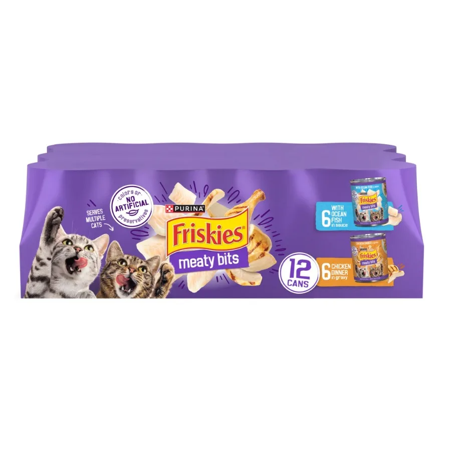 Alimento Húmedo para Gatos Purina Meaty Bits, Paquete Variado con Sabor a Pescado de Océano y Pollo, Trozos para Gatos de Interior, Latas de 13.5 oz, Paquete de 12, Alta Calidad