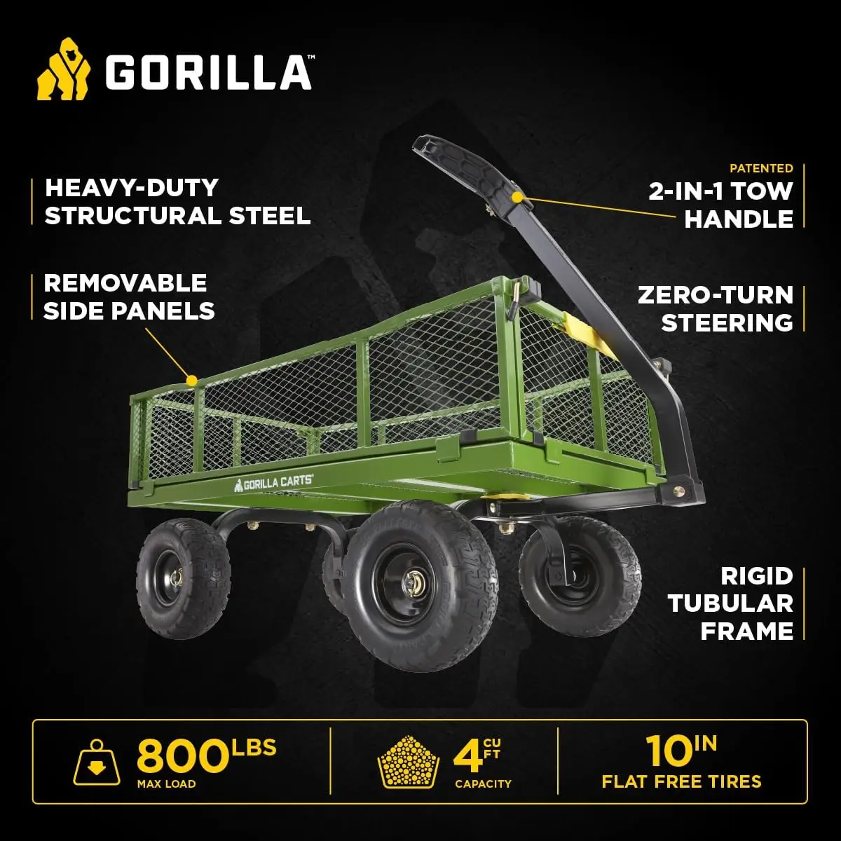 Garden Utility Cart with Steel Frame, 800 lb. Capacity, and Flat-Free Tires