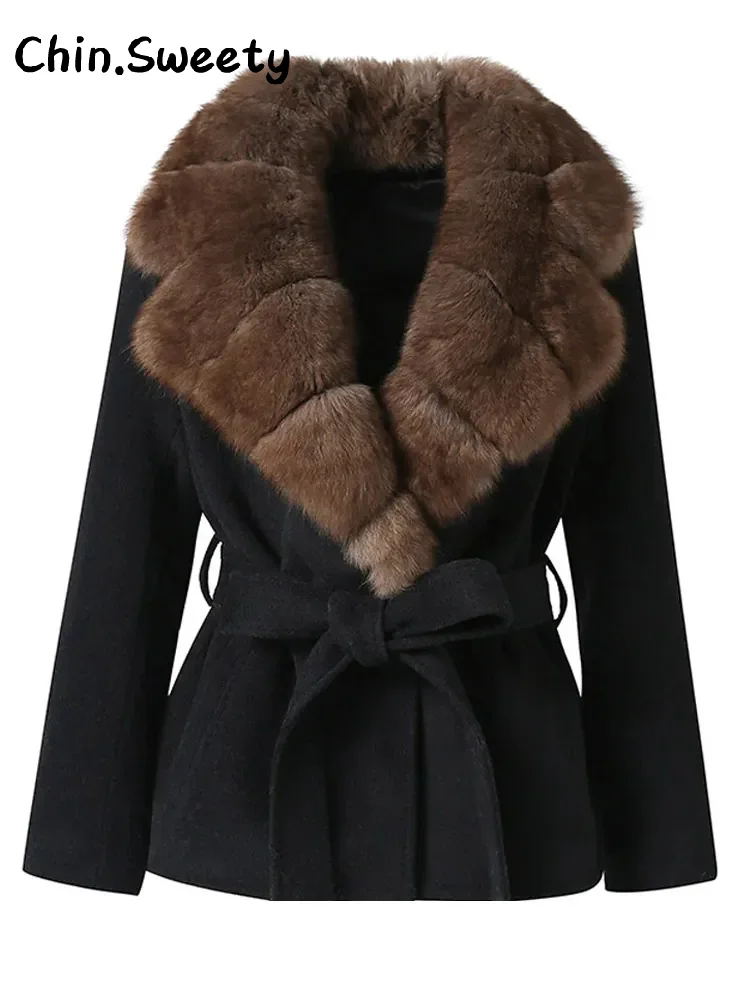 Manteaux en laine à lacets pour femmes, Chic, col en fourrure, ample, solide, manches longues, poches, veste féminine, automne 2025, vêtements d'extérieur chauds de rue