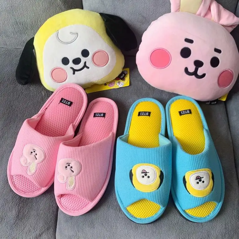 Kawaii Bt21 Anime Peripheral Shooky Cooky Chimmy Mesh Anti-Slip Home Shoes Cute Girls Y2K Autumn Comfortable Cotton Slippers