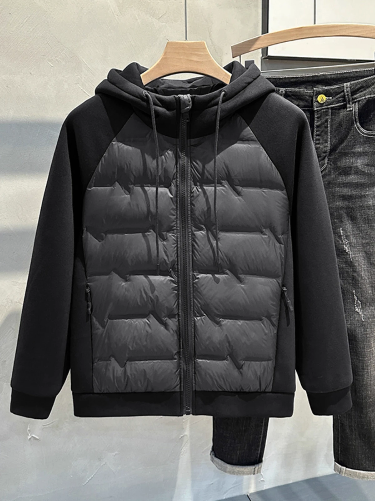 

Men's Winter ort Fit Zipper Warm up White Du down Jaet Hooded Patchwork Youth Faion Stand Sve Long Casual