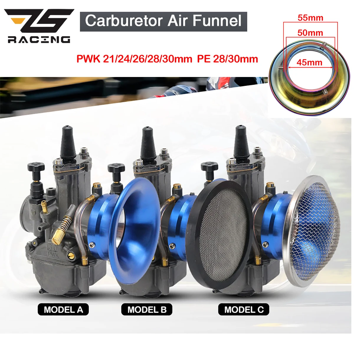 ZS Racing Modified Motorcycle 50mm Carburetor air filter Cup Collecting Cup Horn Intake Cup For PE 28 30mm PWK 21 24 26 38 30mm