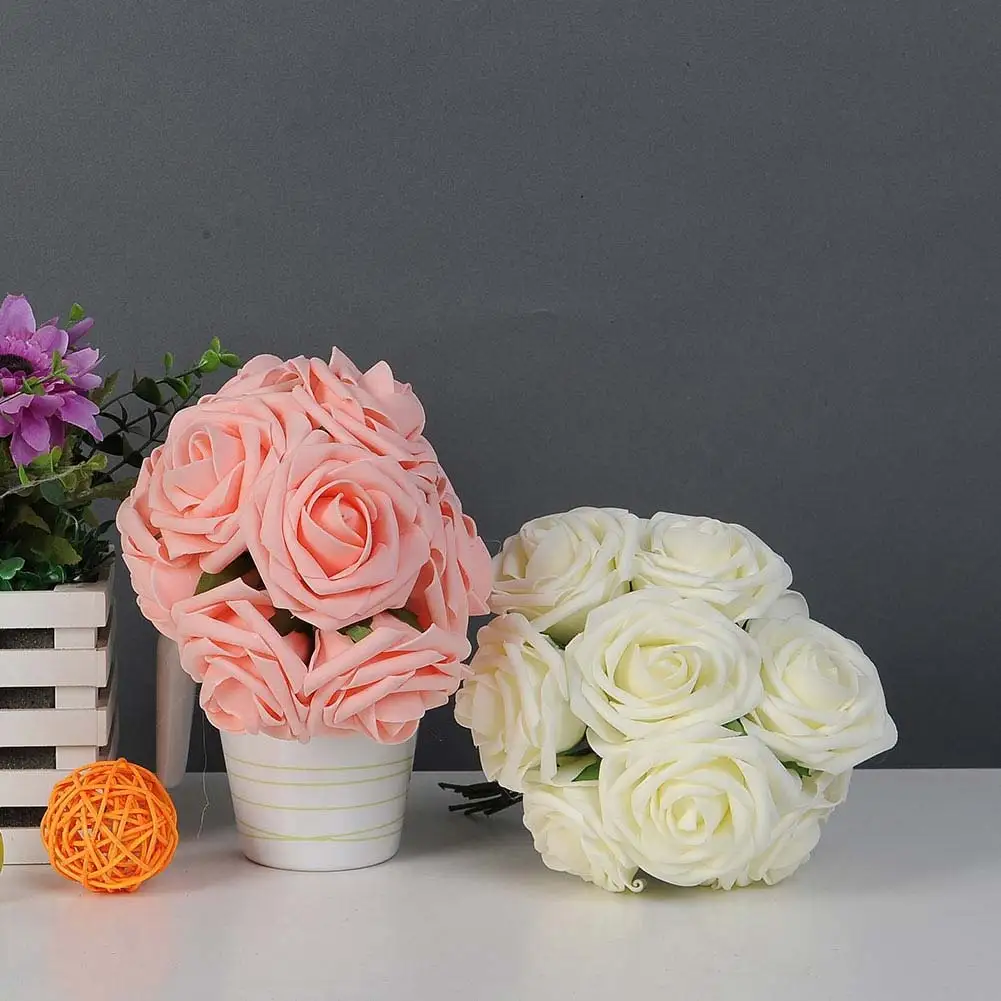 

10pcs Artificial Rose Bouquet With Stems Cream White Pink Realistic Fake Flowers For Wedding Decor Party Decoration Accessories
