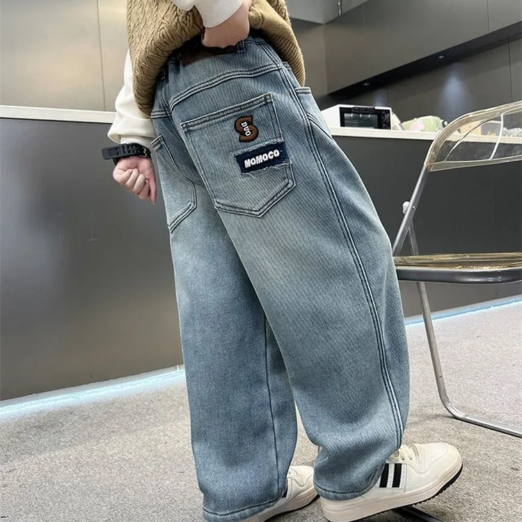 Kids Regular Jeans with Letter for Teenager Boy Casual Vintage Blue Denim Trousers Child New Designer Luxury Classic Jeans Pants