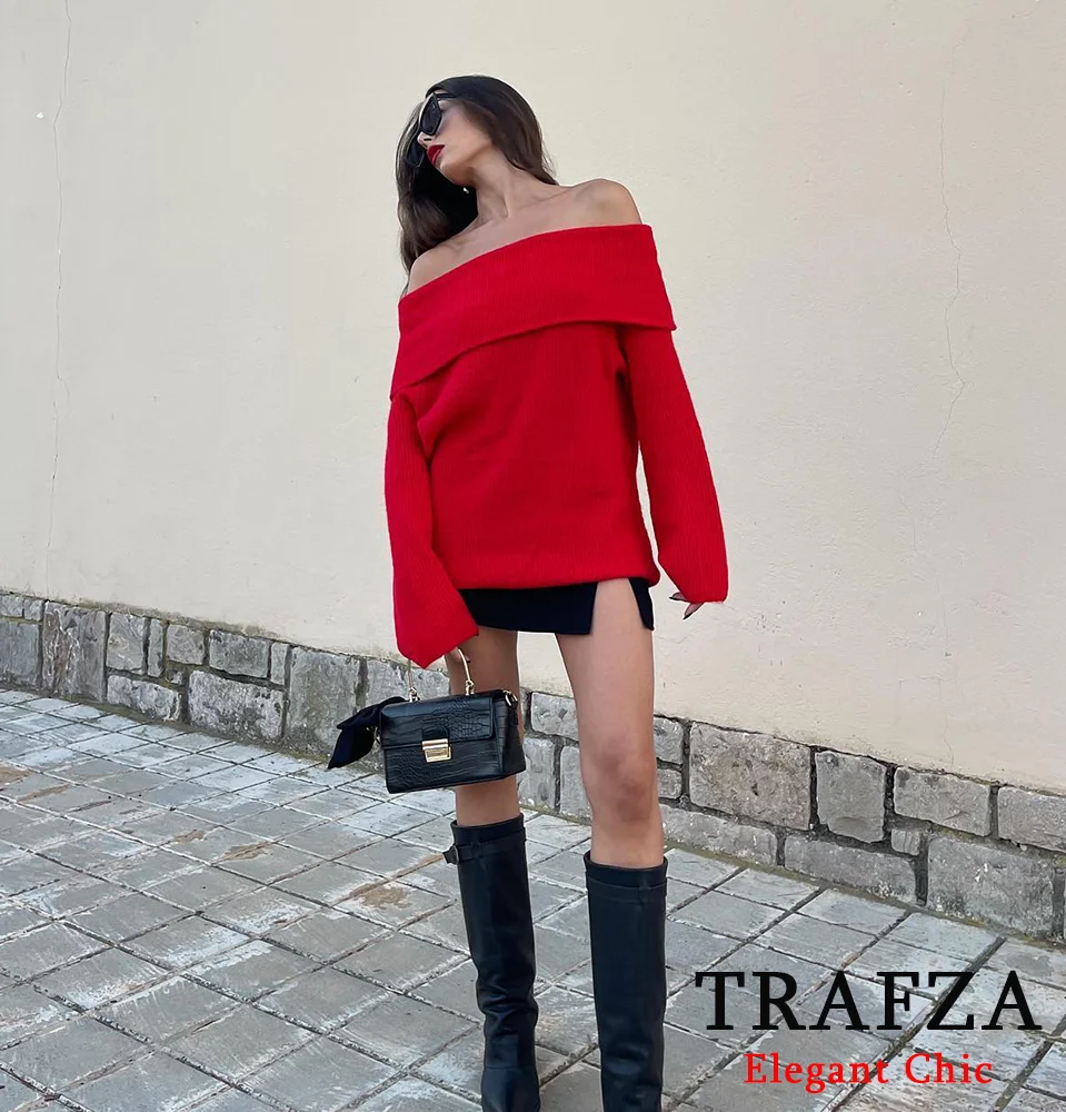 TRAFZA Women Knitted Straight Shoulder Sweater Off-shoulder Boat Neck Sweater New 2024 Spring Fall Sexy Elegant Sweater