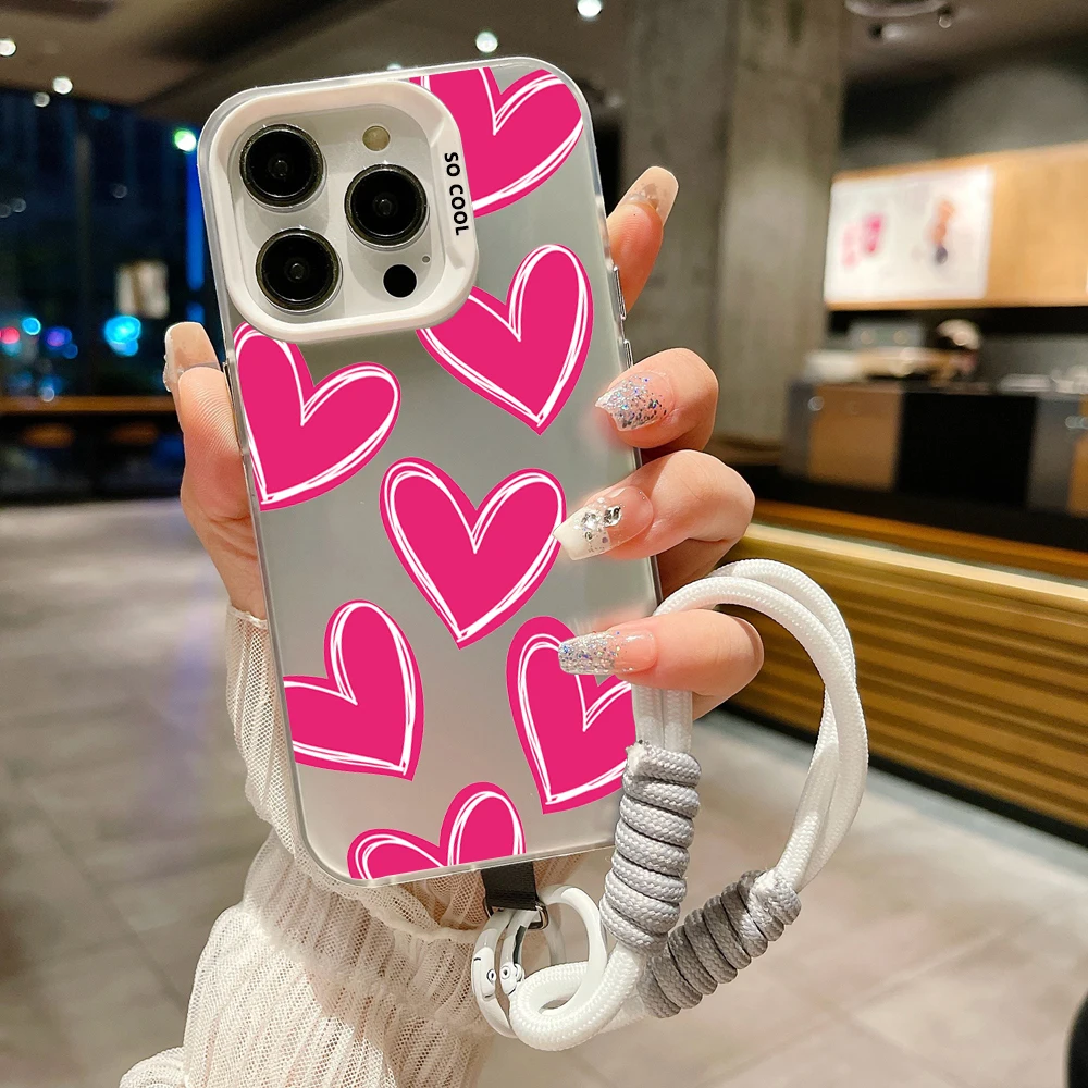 Custodia per telefono con cinturino con cordino a forma di cuore d'amore di lusso per Xiaomi Redmi Note 13 12 11 10 Pro Plus 12S 11S Redmi 12 13C custodia rigida con cinturino a mano