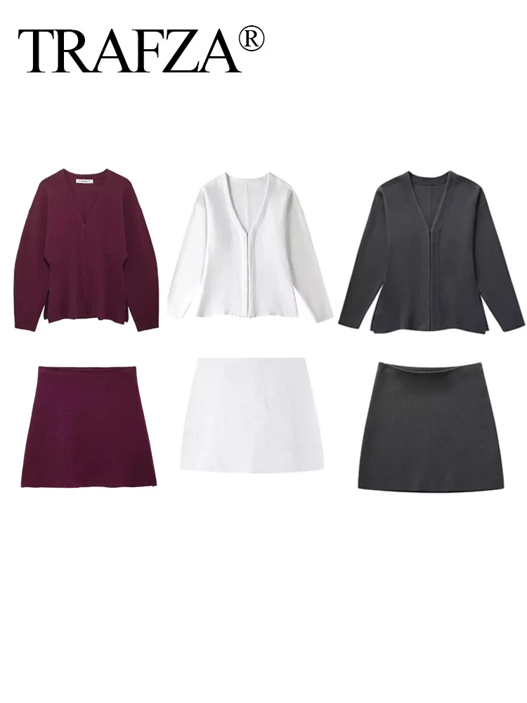 TRAFZA 2024 Autumn Slim Skirts Sets Wine Red Solid V-Neck Long Sleeve Cardigan+ A Line Mini Skirts Mujer Roupas Casual Street