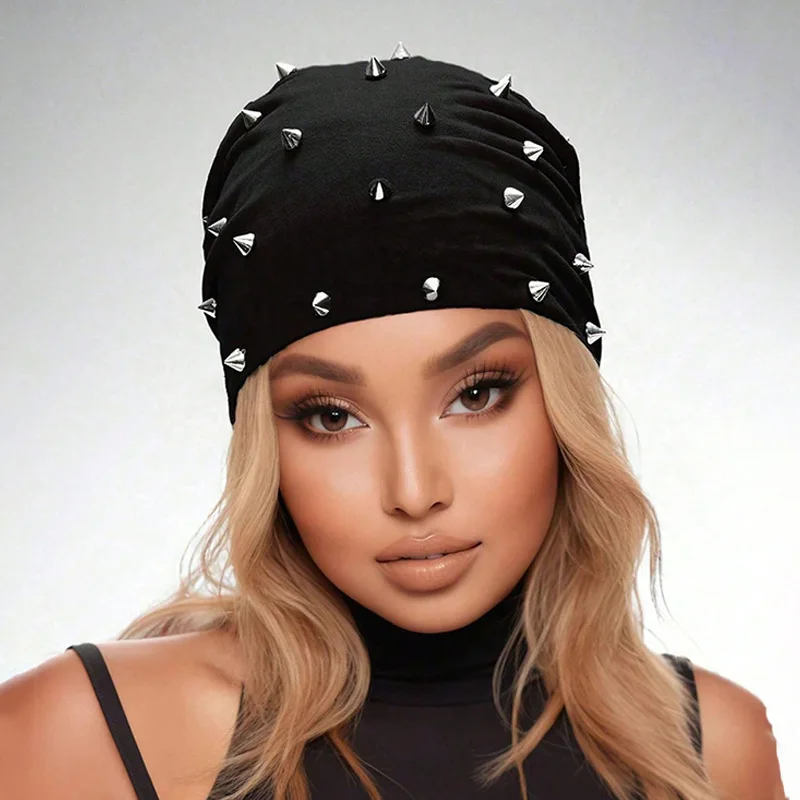 Unisex Gothic Punk Spike Studded Slouchy Beanie Hat Men Women Y2K Rock Streetwear Metal Decor Lightweight Elastic Skull Cap