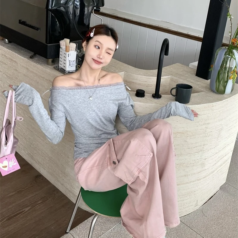 Design Lace Sexy T Shirt Women Spring and Summer New Slash Neck Solid Long Sleeve Tops Slim Casual Versatile Tees Female