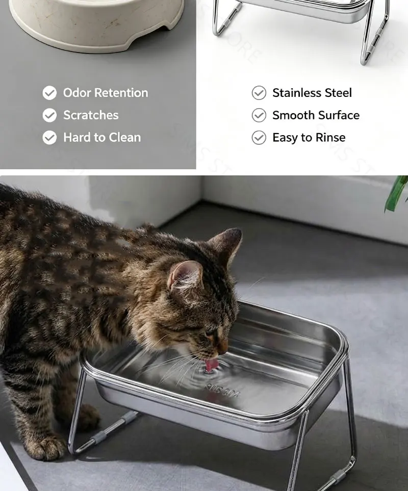15 ° Erhöhter Katzenspeisewannen-Set aus 304 Edelstahl, Neigbarer Hals-Schutz, Rutschfester Napf mit Hohem Fuß, Futter- und Wassernapf – Detail 6