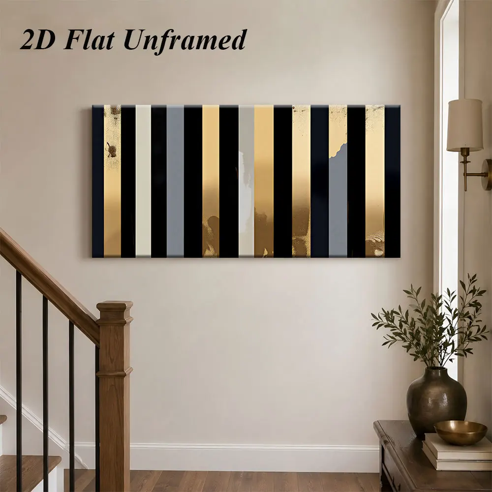 1 modern abstract vertical decorative painting, light luxury, black gold, gray white striped, frameless, 2D flat
