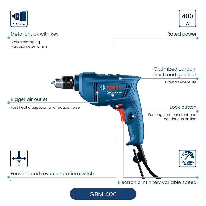 Bosch GBM 400/400KL 400w Electric Driller Mini Slot Key Speed Adjustable Rotary Impact Drill Strong Drill Tool for Wood Metal