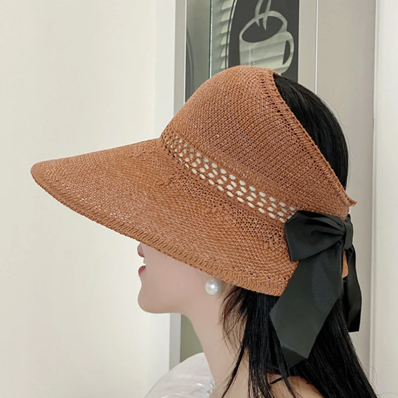 Women Summer Big Wide Brim Straw Hat Female UV Protect Ponytail Beach Sun Hats Hollow Top Foldable Ribbon Bows Ladies Panama Cap