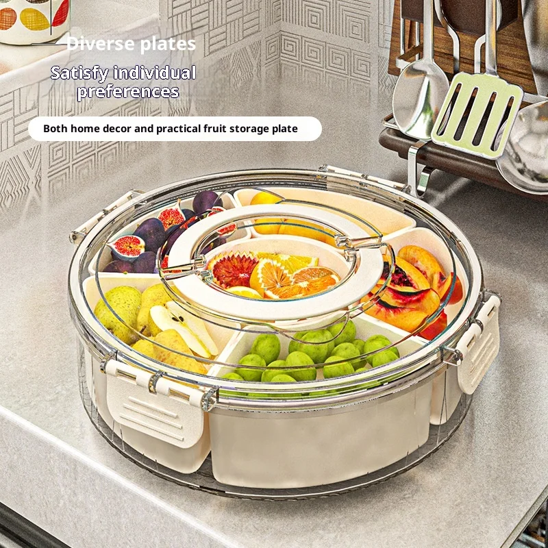 

Portable Six-Section Rotating Fruit Tray with Handle Sealed Moisture-Proof Snack Box with Lid
