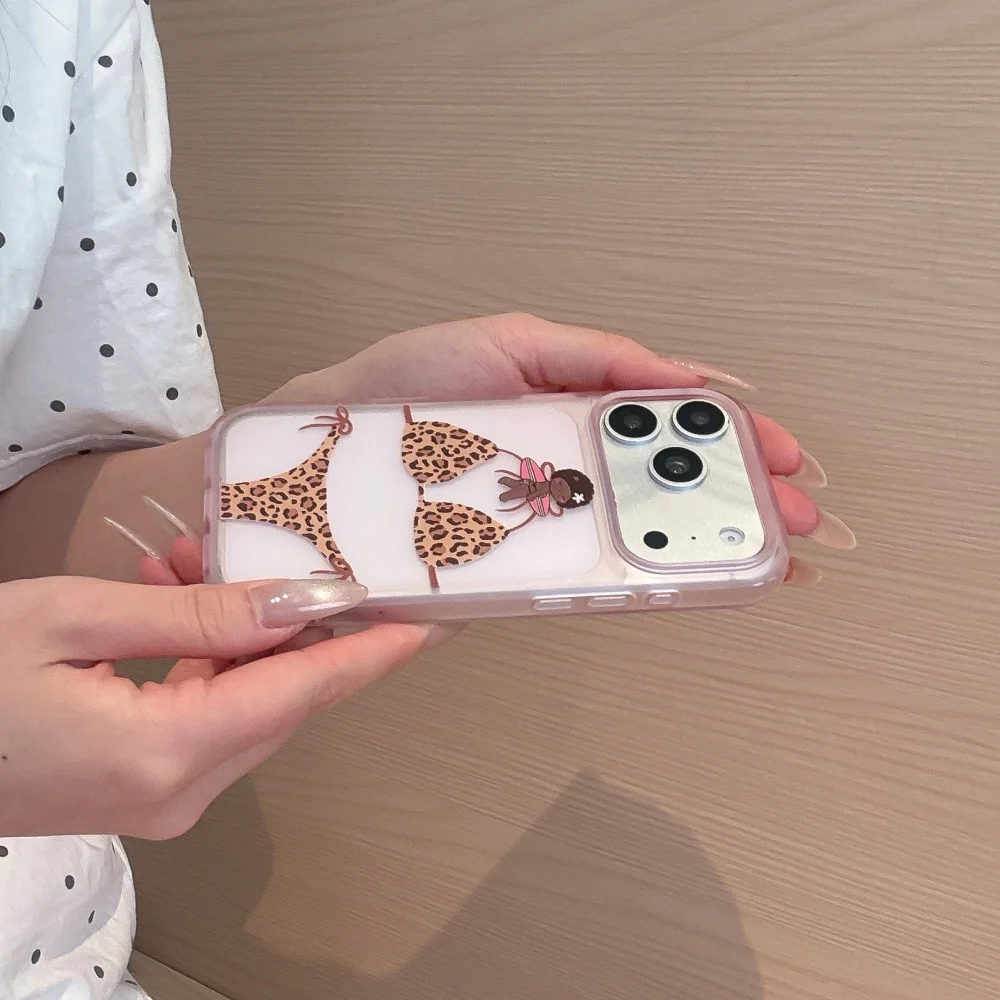 Cute Cartoon Leopard Print Bikini Phone Case For iPhone 17 16 15 ProMax Transparent Pink Border Soft Shockproof Protective Cover view 4