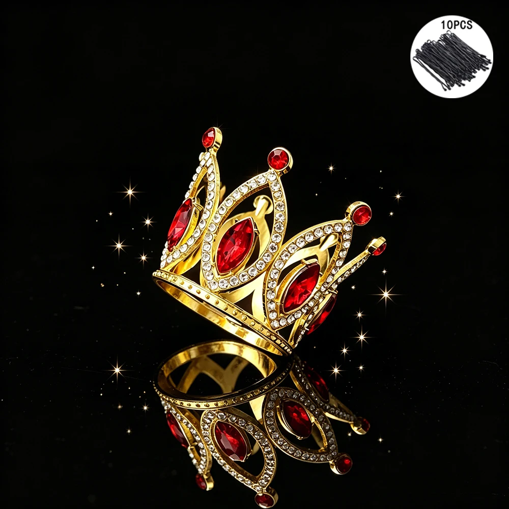 Fashion Baroque Full Round Crystal Crown Rhinestone Mini Tiara with 10Pcs Bobby Pins Elegant Royal Headpiece Cake Topper view 2
